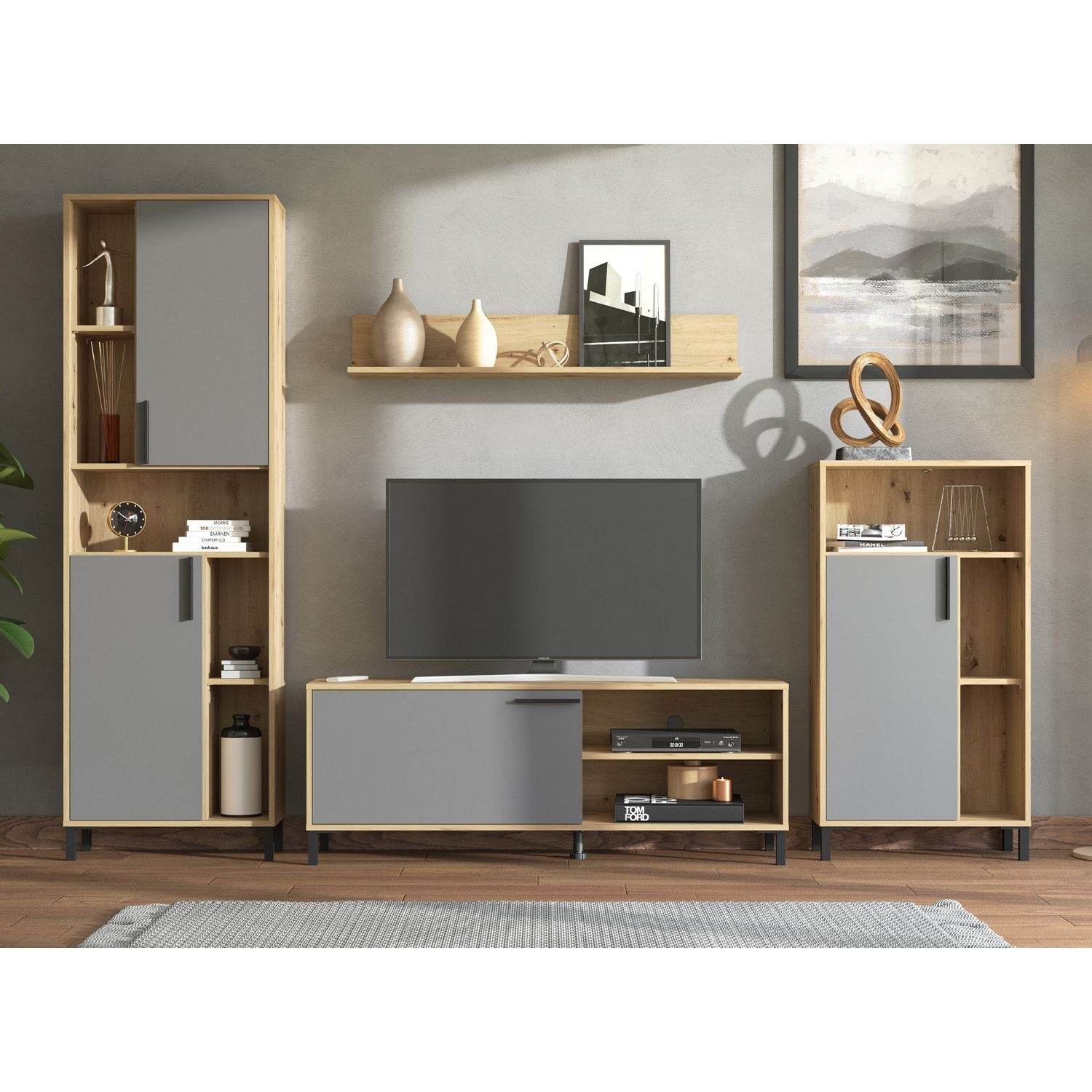 Wohnwand Schrankwand Holz Eiche Grau Anbauwand 4 tlg. Modern Entertainment Center - Palo24