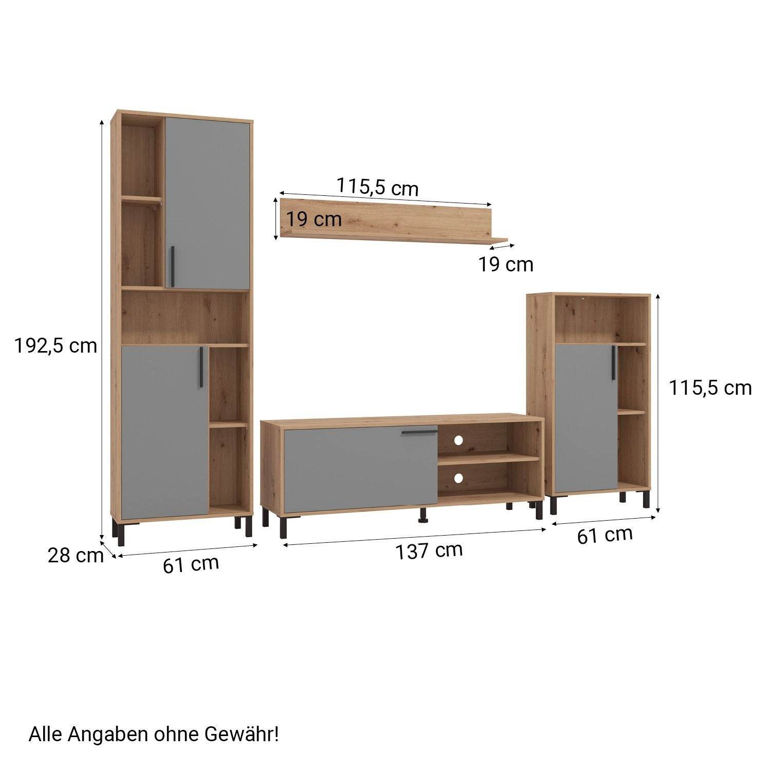 Wohnwand Schrankwand Holz Eiche Grau Anbauwand 4 tlg. Modern Entertainment Center - Palo24