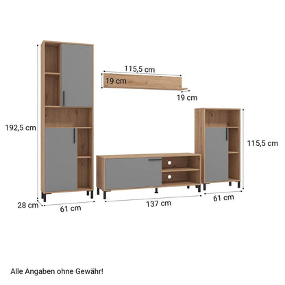 Wohnwand Schrankwand Holz Eiche Grau Anbauwand 4 tlg. Modern Entertainment Center - Palo24
