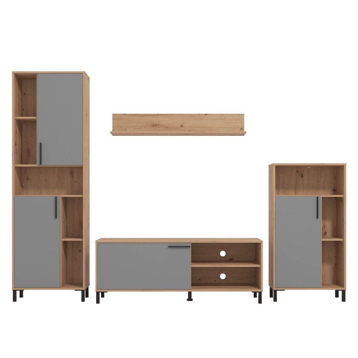 Wohnwand Schrankwand Holz Eiche Grau Anbauwand 4 tlg. Modern Entertainment Center - Palo24