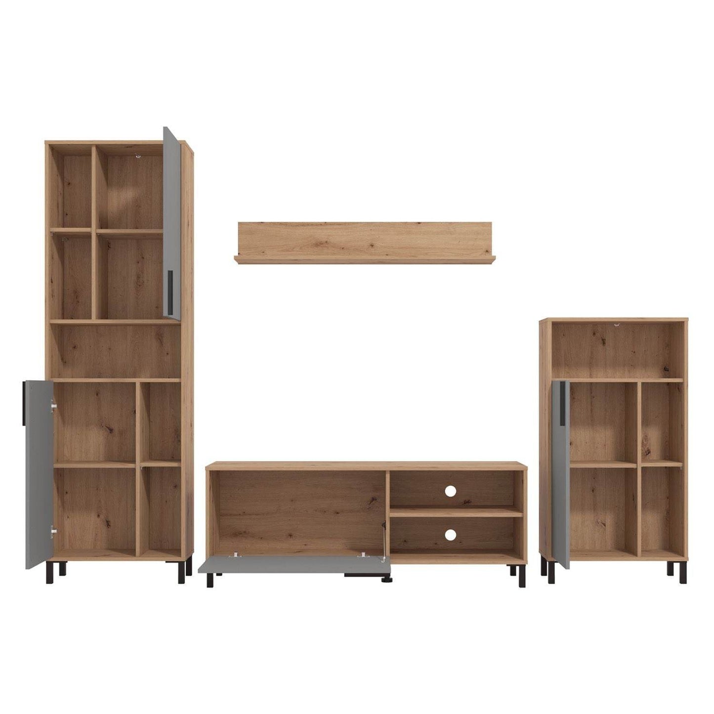 Wohnwand Schrankwand Holz Eiche Grau Anbauwand 4 tlg. Modern Entertainment Center - Palo24