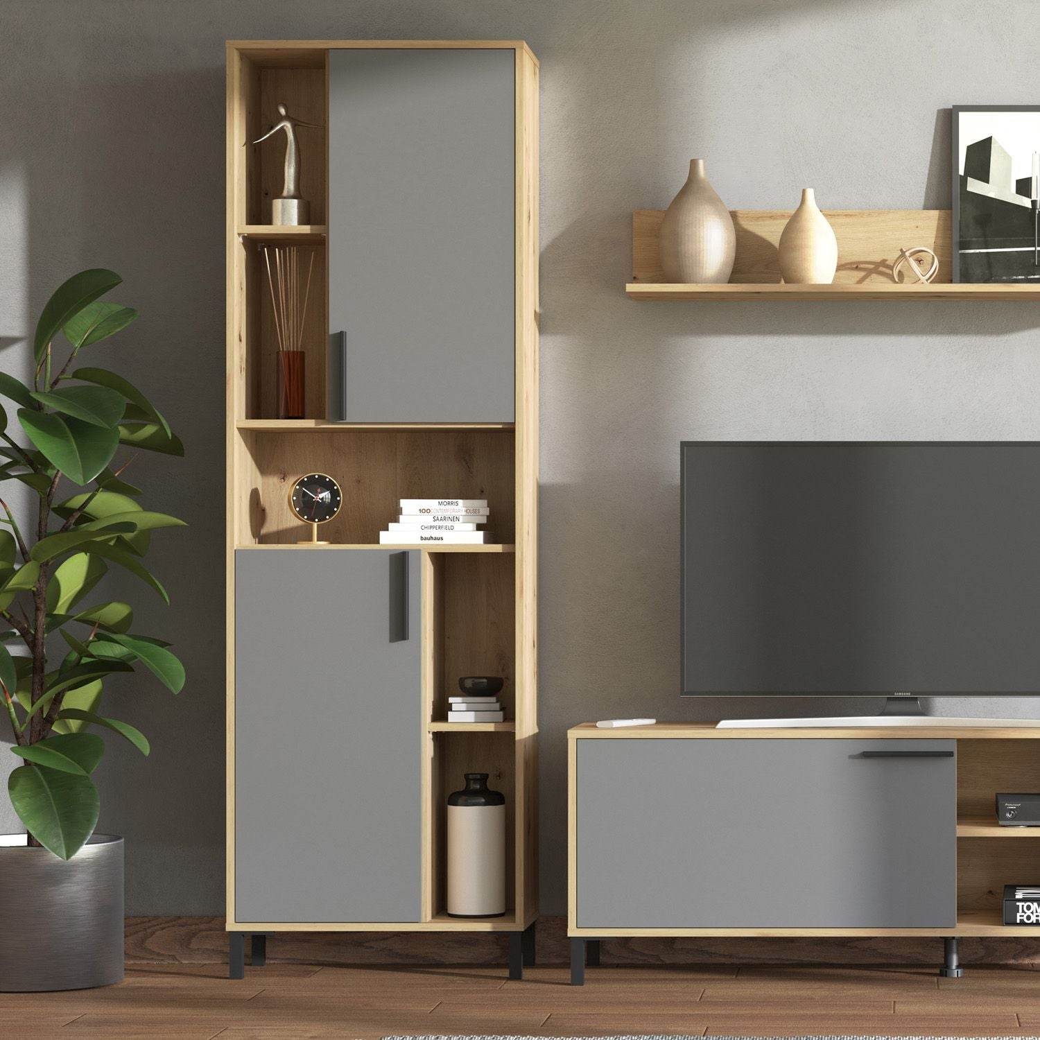 Wohnwand Schrankwand Holz Eiche Grau Anbauwand 4 tlg. Modern Entertainment Center - Palo24
