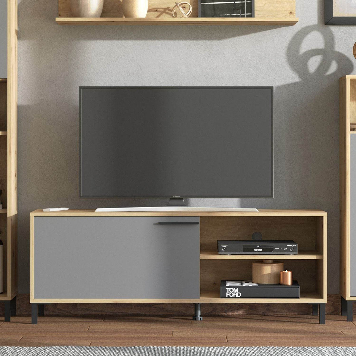 Wohnwand Schrankwand Holz Eiche Grau Anbauwand 4 tlg. Modern Entertainment Center - Palo24