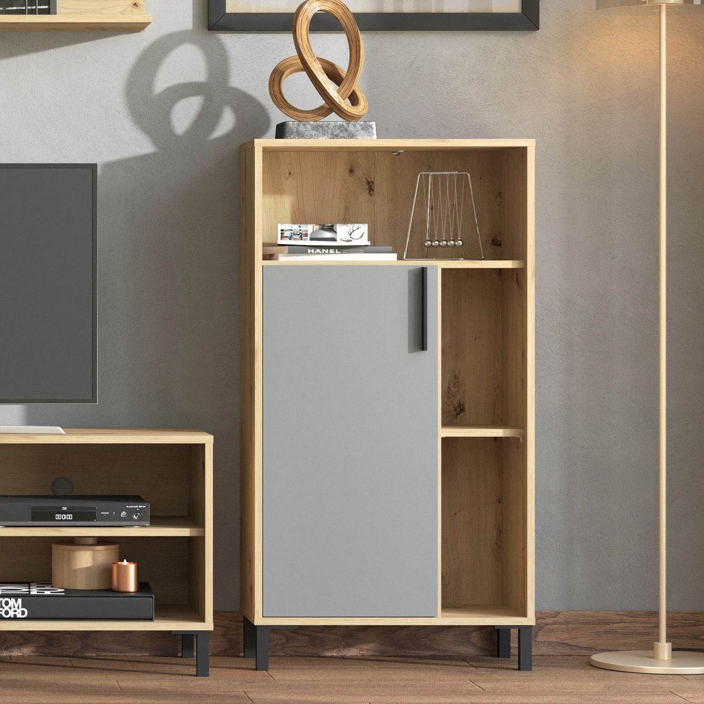 Wohnwand Schrankwand Holz Eiche Grau Anbauwand 4 tlg. Modern Entertainment Center - Palo24