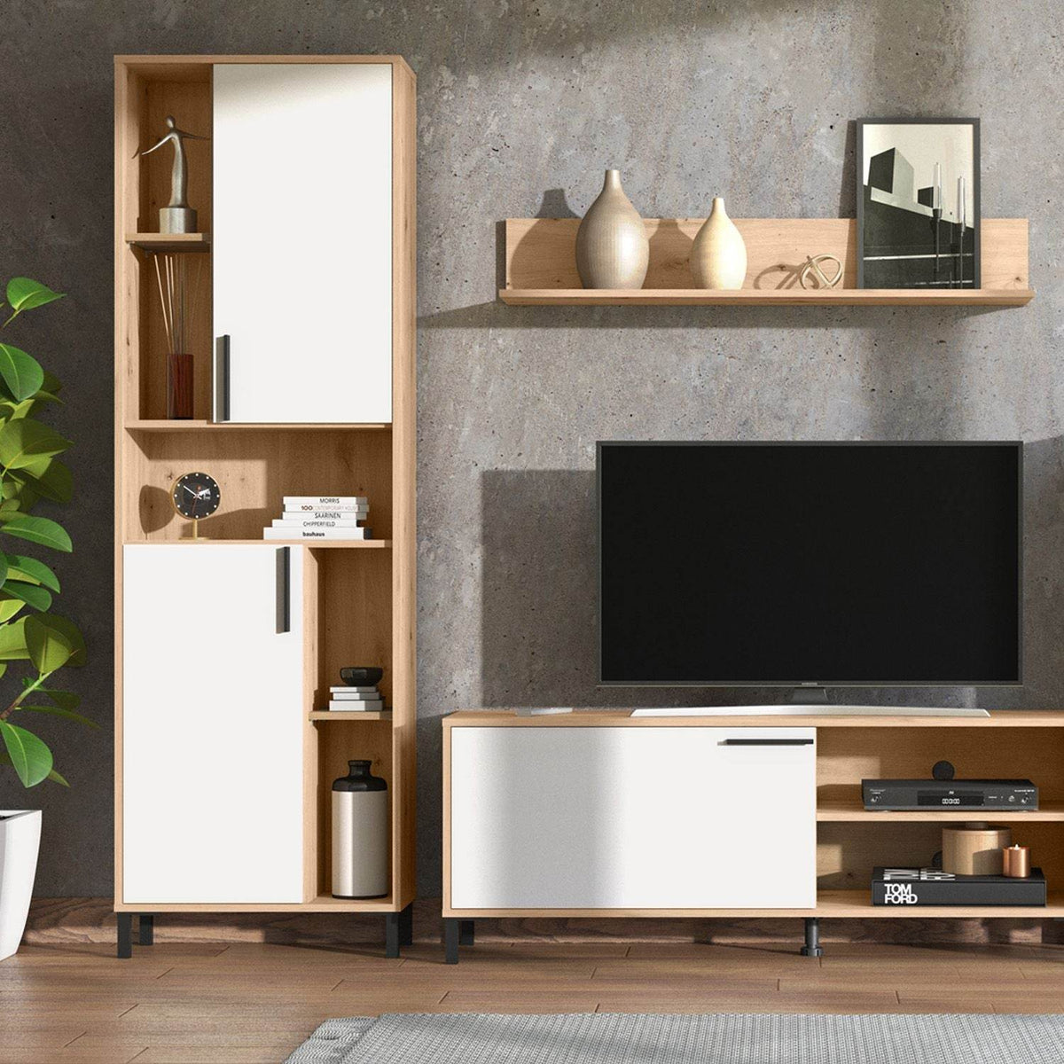 Wohnwand Holz Eiche Weiss Anbauwand 4 tlg. Modern Entertainment Center - Palo24