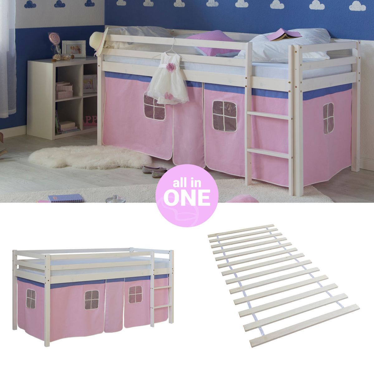 Hochbett Kinder 90x200 cm Weiss mit Vorhang in Rosa | mit Lattenrost