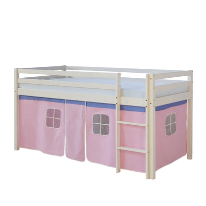 Hochbett Kinder 90x200 cm Weiss mit Vorhang in Rosa | mit Lattenrost