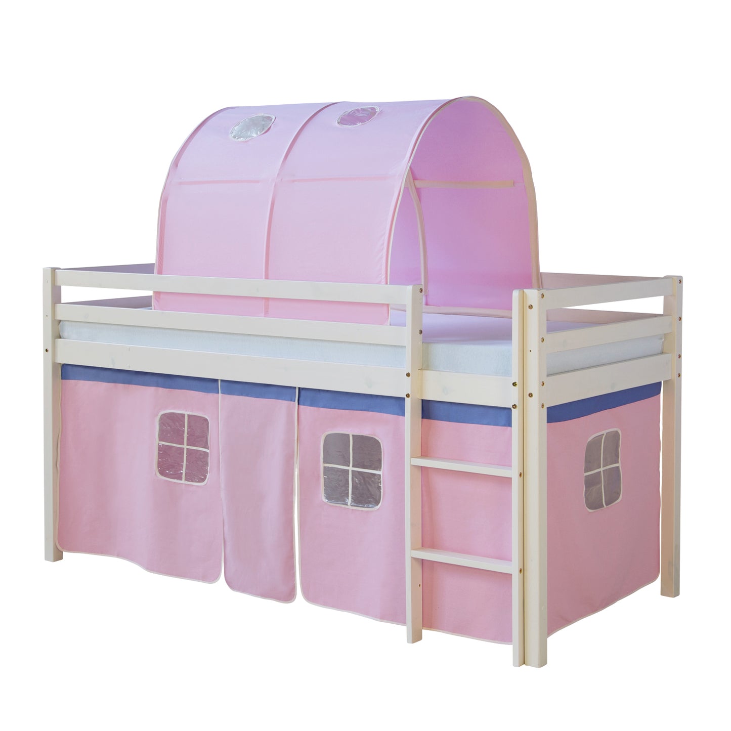 Hochbett Kinder 90x200 cm Weiss mit Vorhang in Rosa | Tunnel | mit Lattenrost