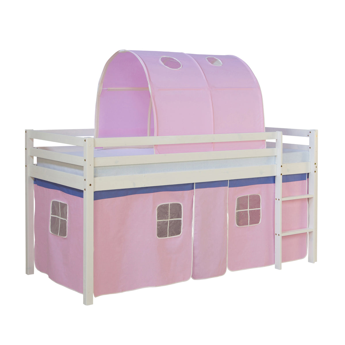 Hochbett Kinder 90x200 cm Weiss mit Vorhang in Rosa | Tunnel | mit Lattenrost