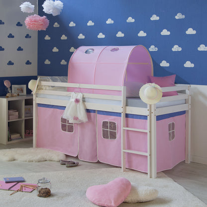 Hochbett Kinder 90x200 cm Weiss mit Vorhang in Rosa | Tunnel | mit Lattenrost