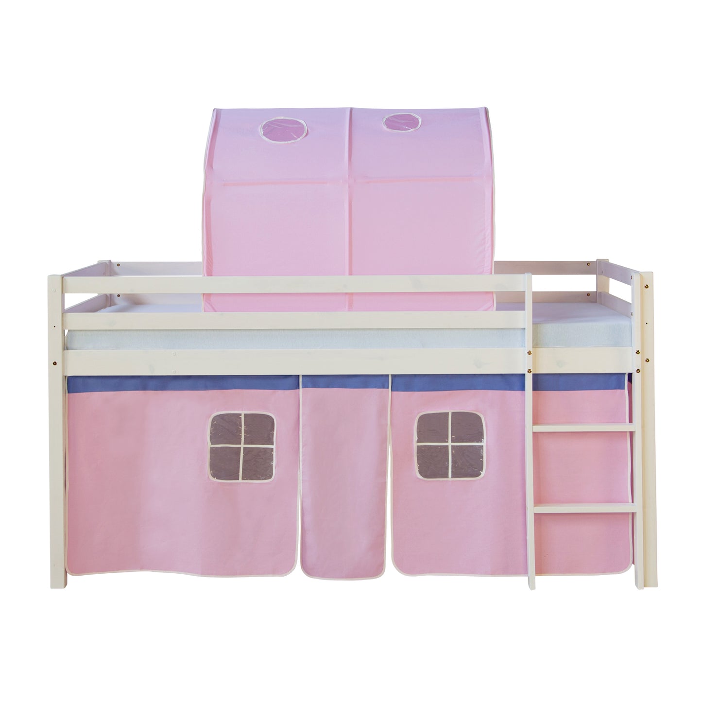 Hochbett Kinder 90x200 cm Weiss mit Vorhang in Rosa | Tunnel | mit Lattenrost