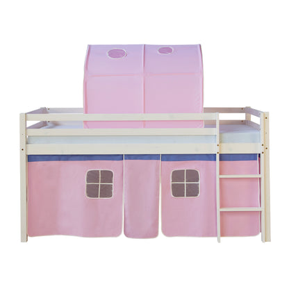 Hochbett Kinder 90x200 cm Weiss mit Vorhang in Rosa | Tunnel | mit Lattenrost