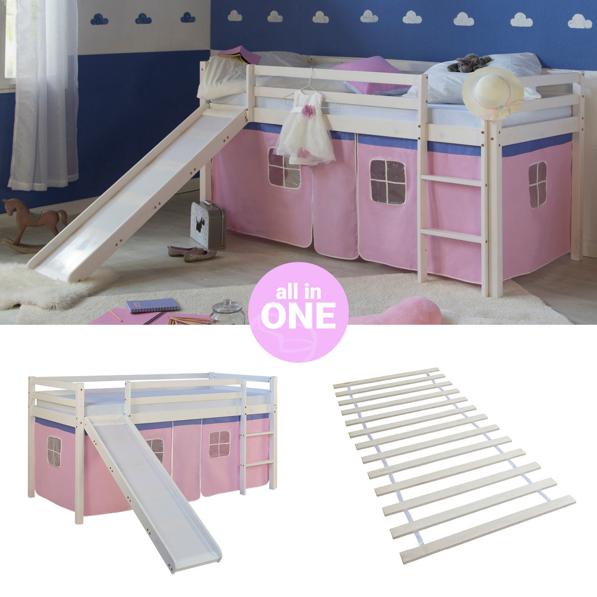 Hochbett Kinder 90x200 cm Weiss mit Vorhang in Rosa | Rutsche | mit Lattenrost