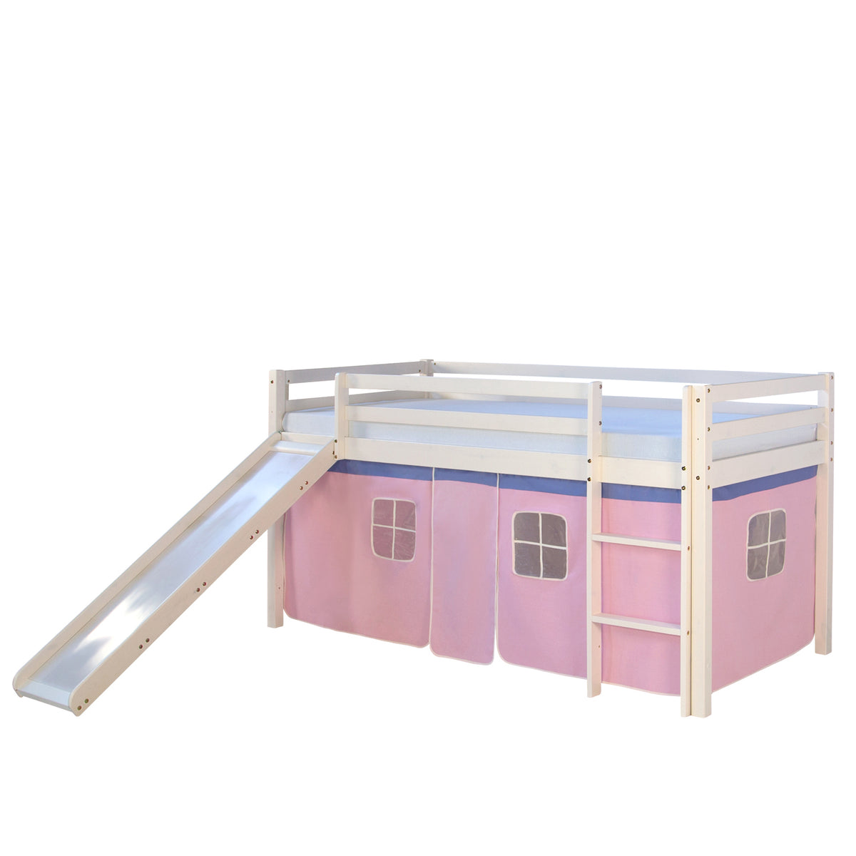 Hochbett Kinder 90x200 cm Weiss mit Vorhang in Rosa | Rutsche | mit Lattenrost