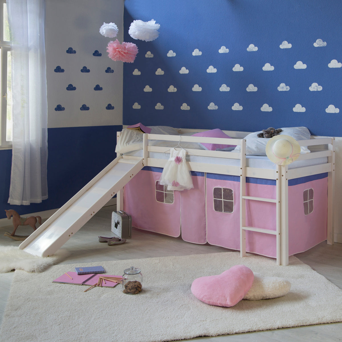 Hochbett Kinder 90x200 cm Weiss mit Vorhang in Rosa | Rutsche | mit Lattenrost