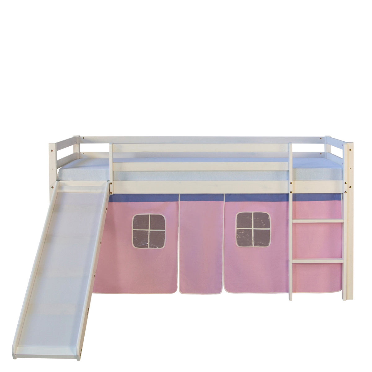 Hochbett Kinder 90x200 cm Weiss mit Vorhang in Rosa | Rutsche | mit Lattenrost