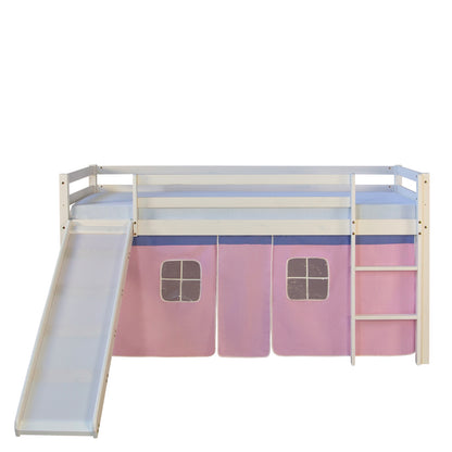 Hochbett Kinder 90x200 cm Weiss mit Vorhang in Rosa | Rutsche | mit Lattenrost