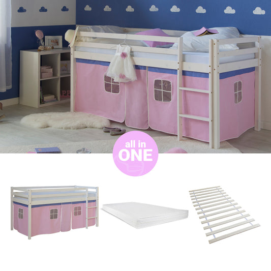 Hochbett Kinder 90x200 cm Weiss mit Vorhang in Rosa | mit Lattenrost | mit Matratze