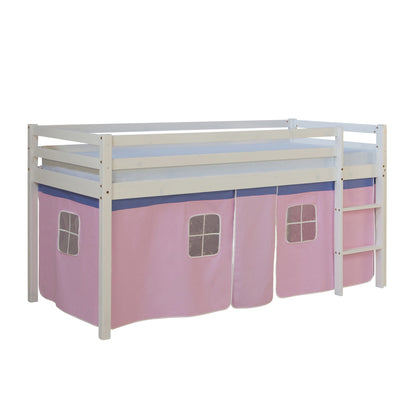 Hochbett Kinder 90x200 cm Weiss mit Vorhang in Rosa | mit Lattenrost | mit Matratze