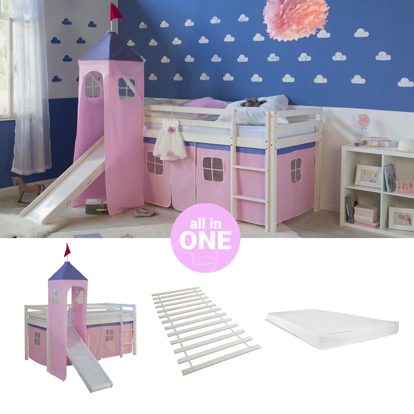 Hochbett Kinder 90x200 cm Weiss mit Vorhang in Rosa | Rutsche | Turm | mit Lattenrost | mit Matratze