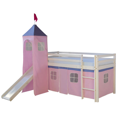 Hochbett Kinder 90x200 cm Weiss mit Vorhang in Rosa | Rutsche | Turm | mit Lattenrost | mit Matratze