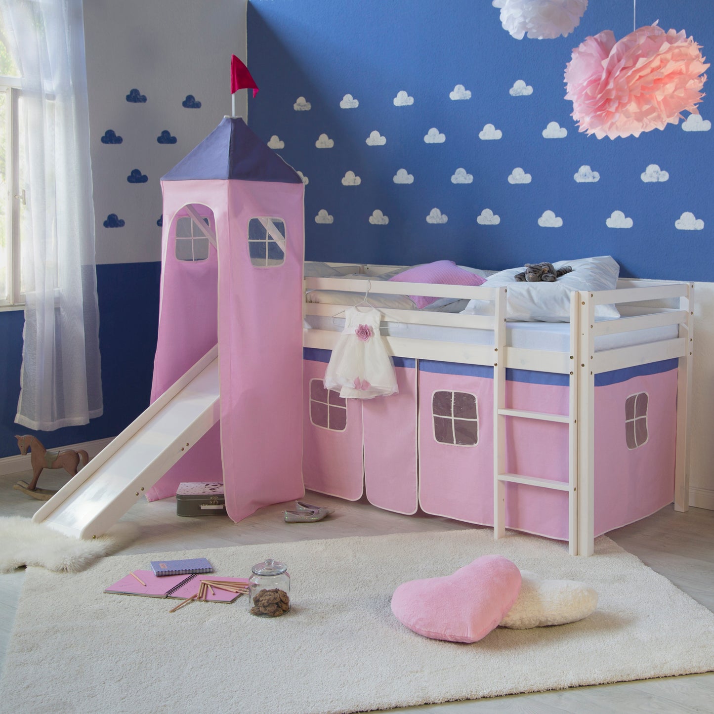 Hochbett Kinder 90x200 cm Weiss mit Vorhang in Rosa | Rutsche | Turm | mit Lattenrost | mit Matratze