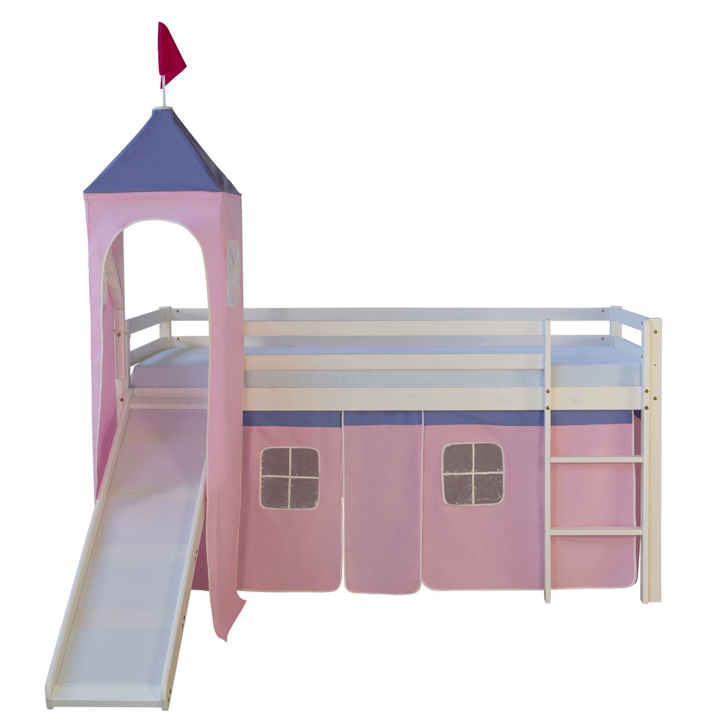 Hochbett Kinder 90x200 cm Weiss mit Vorhang in Rosa | Rutsche | Turm | mit Lattenrost | mit Matratze