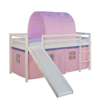 Hochbett Kinder 90x200 cm Weiss mit Vorhang in Rosa | Rutsche | Tunnel | mit Lattenrost | mit Matratze