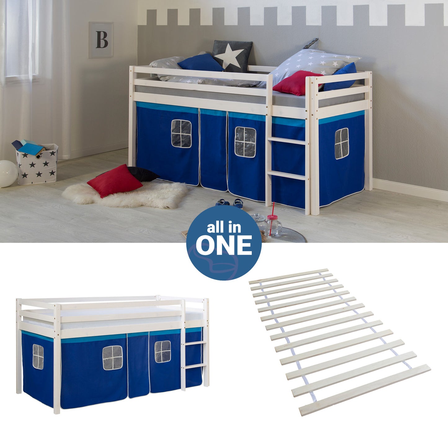 Hochbett Kinder 90x200 cm Weiss mit Vorhang in Blau | mit Lattenrost