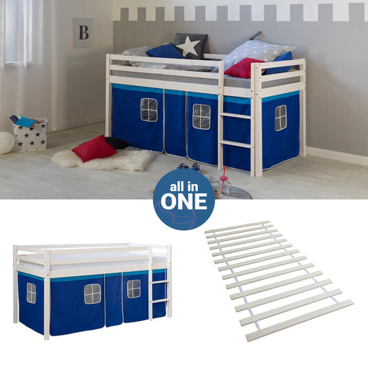 Hochbett Kinder 90x200 cm Weiss mit Vorhang in Blau | mit Lattenrost