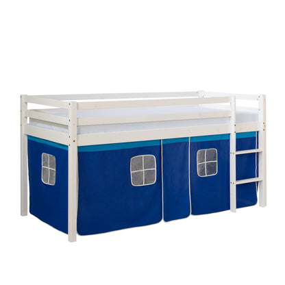 Hochbett Kinder 90x200 cm Weiss mit Vorhang in Blau | mit Lattenrost
