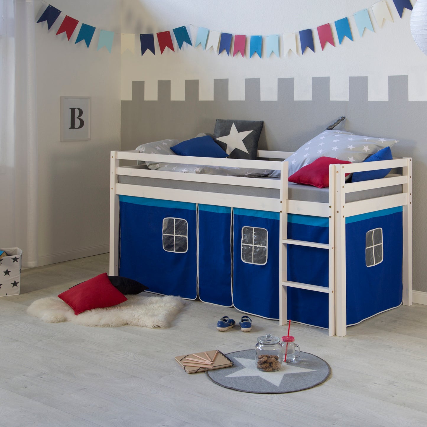 Hochbett Kinder 90x200 cm Weiss mit Vorhang in Blau | mit Lattenrost