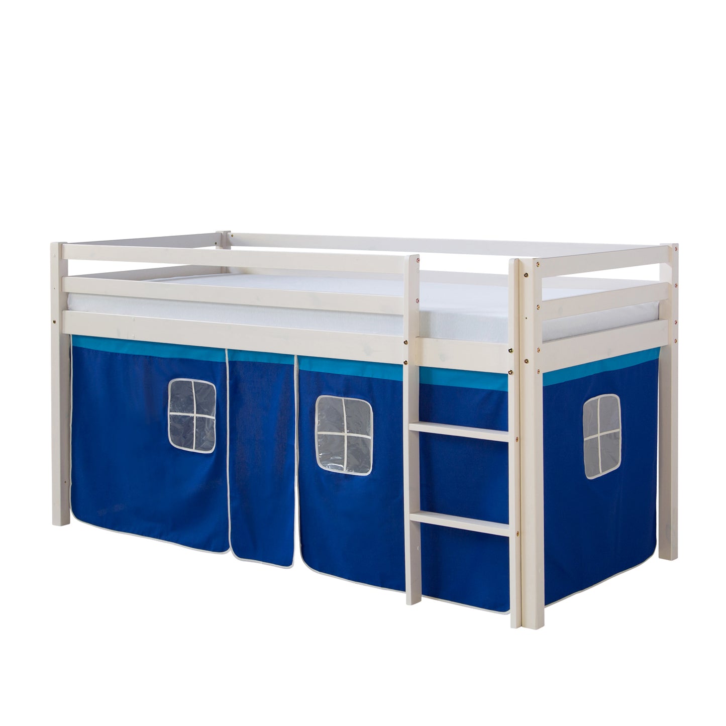 Hochbett Kinder 90x200 cm Weiss mit Vorhang in Blau | mit Lattenrost