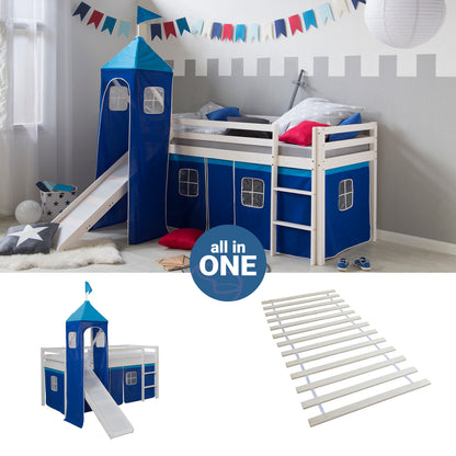 Hochbett Kinder 90x200 cm Weiss mit Vorhang in Blau | Turm | Rutsche | mit Lattenrost