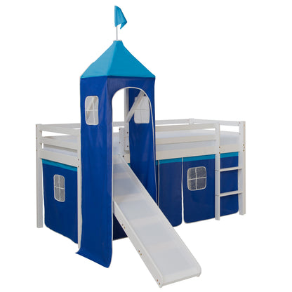 Hochbett Kinder 90x200 cm Weiss mit Vorhang in Blau | Turm | Rutsche | mit Lattenrost