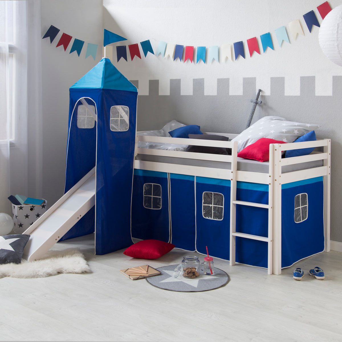 Hochbett Kinder 90x200 cm Weiss mit Vorhang in Blau | Turm | Rutsche | mit Lattenrost