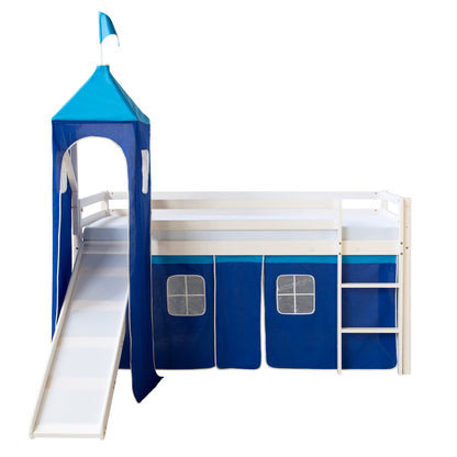 Hochbett Kinder 90x200 cm Weiss mit Vorhang in Blau | Turm | Rutsche | mit Lattenrost