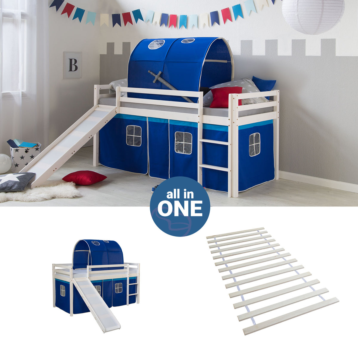 Hochbett Kinder 90x200 cm Weiß mit Vorhang in Blau | Tunnel | Rutsche | mit Lattenrost