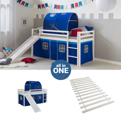 Hochbett Kinder 90x200 cm Weiß mit Vorhang in Blau | Tunnel | Rutsche | mit Lattenrost