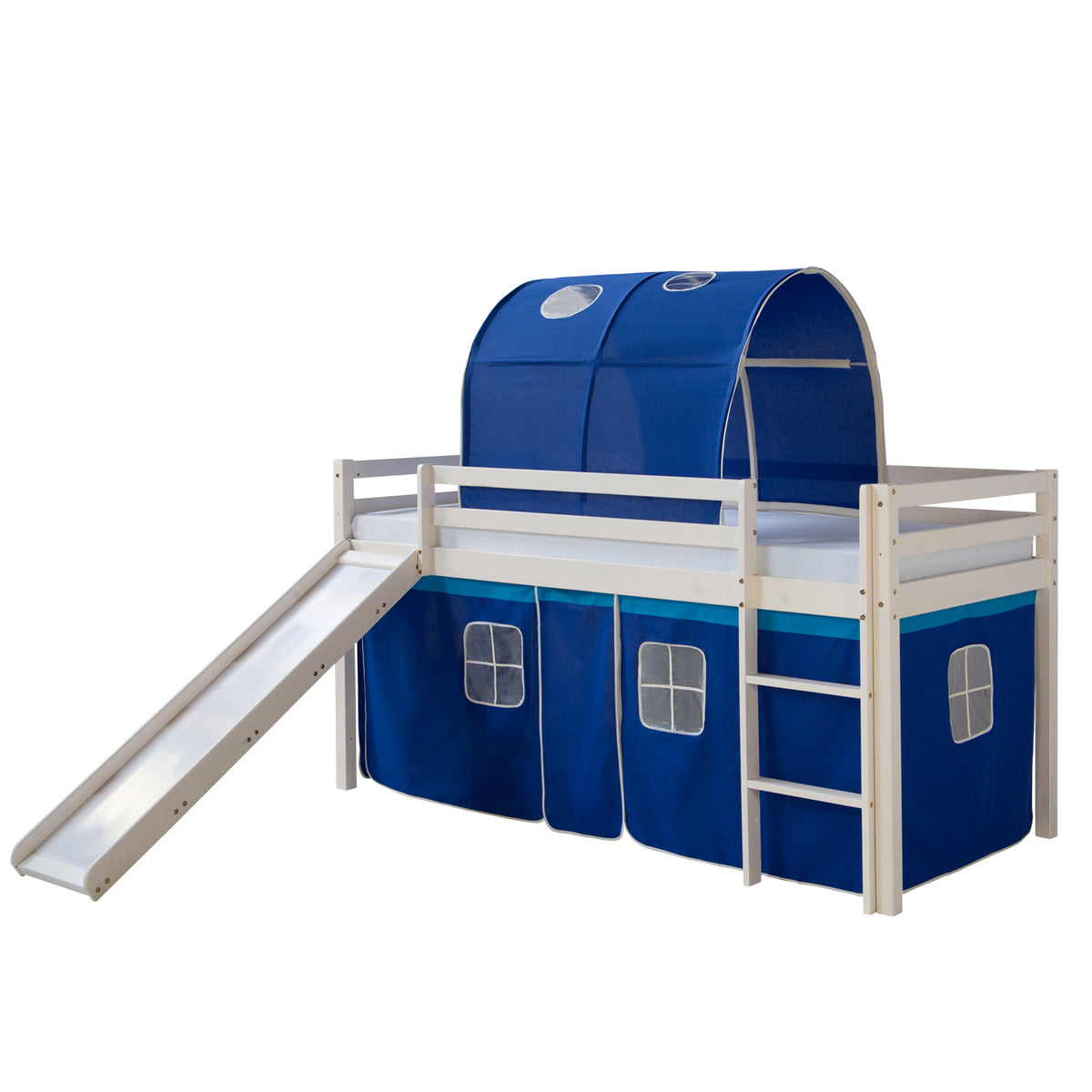 Hochbett Kinder 90x200 cm Weiß mit Vorhang in Blau | Tunnel | Rutsche | mit Lattenrost