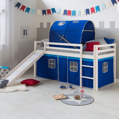 Hochbett Kinder 90x200 cm Weiß mit Vorhang in Blau | Tunnel | Rutsche | mit Lattenrost