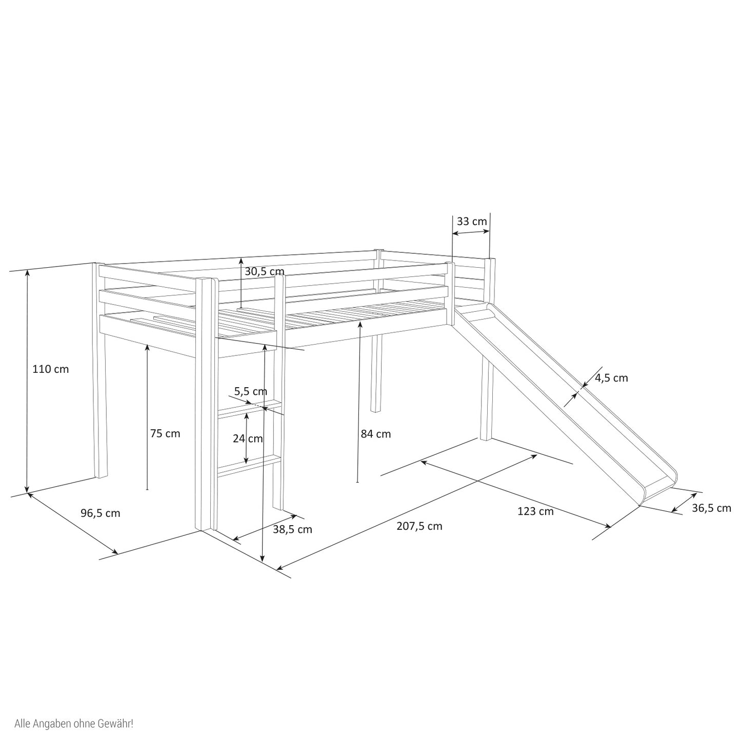 Hochbett Kinder 90x200 cm Weiß mit Vorhang in Blau | Tunnel | Rutsche | mit Lattenrost