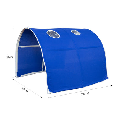 Hochbett Kinder 90x200 cm Weiß mit Vorhang in Blau | Tunnel | Rutsche | mit Lattenrost