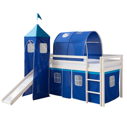 Hochbett Kinder 90x200 cm Weiss mit Vorhang in Blau | Tunnel | Turm | Rutsche | mit Lattenrost