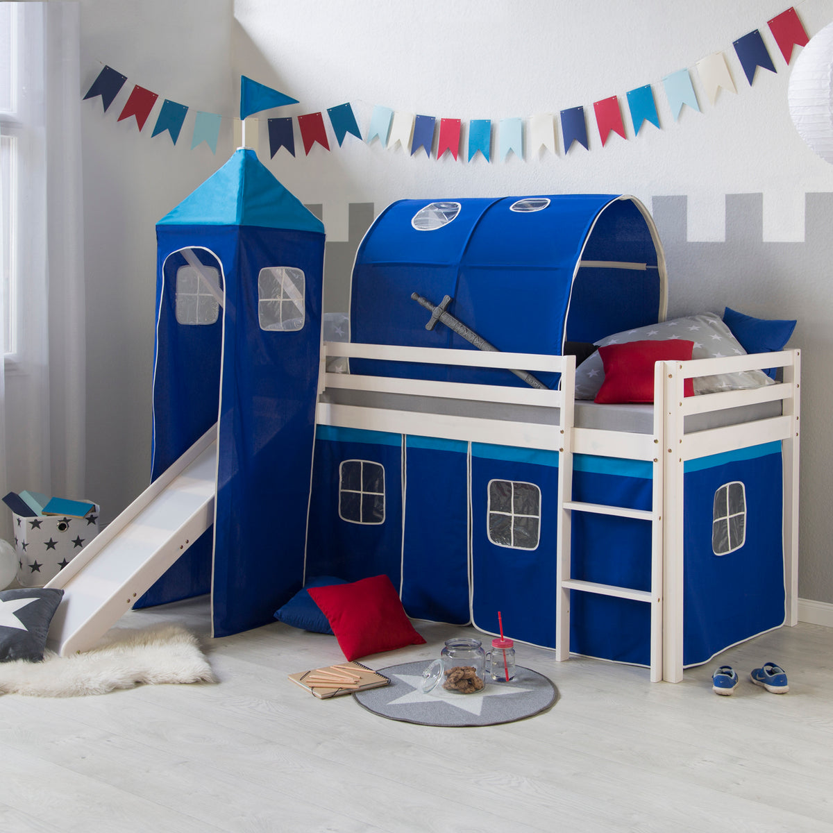Hochbett Kinder 90x200 cm Weiss mit Vorhang in Blau | Tunnel | Turm | Rutsche | mit Lattenrost