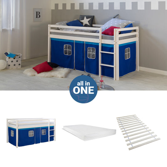 Hochbett mit Matratze 90x200 Kinderbett Leiter Holz Kiefer Vorhang Blau Lattenrost