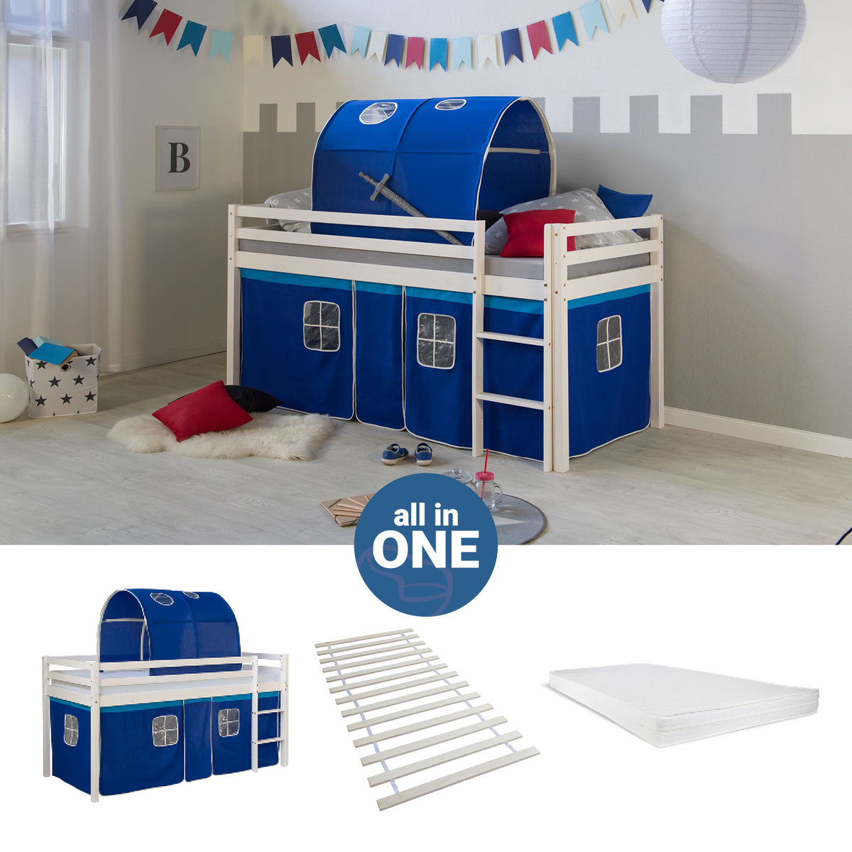 Hochbett mit Matratze 90x200 cm Kinderbett Tunnel Vorhang Blau Holz Kiefer Lattenrost
