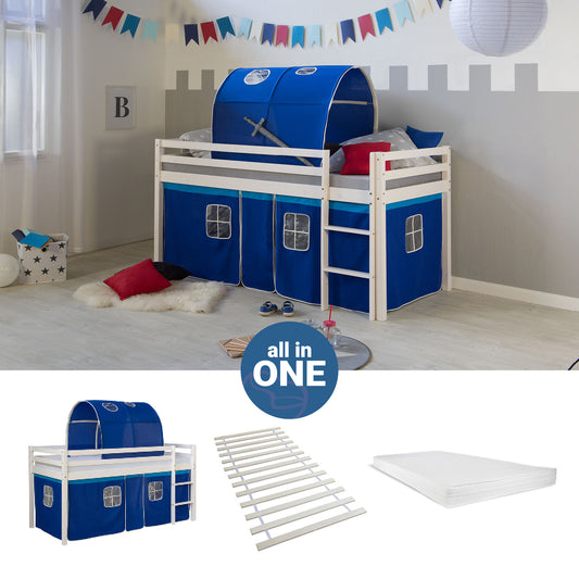 Hochbett mit Matratze 90x200 cm Kinderbett Tunnel Vorhang Blau Holz Kiefer Lattenrost