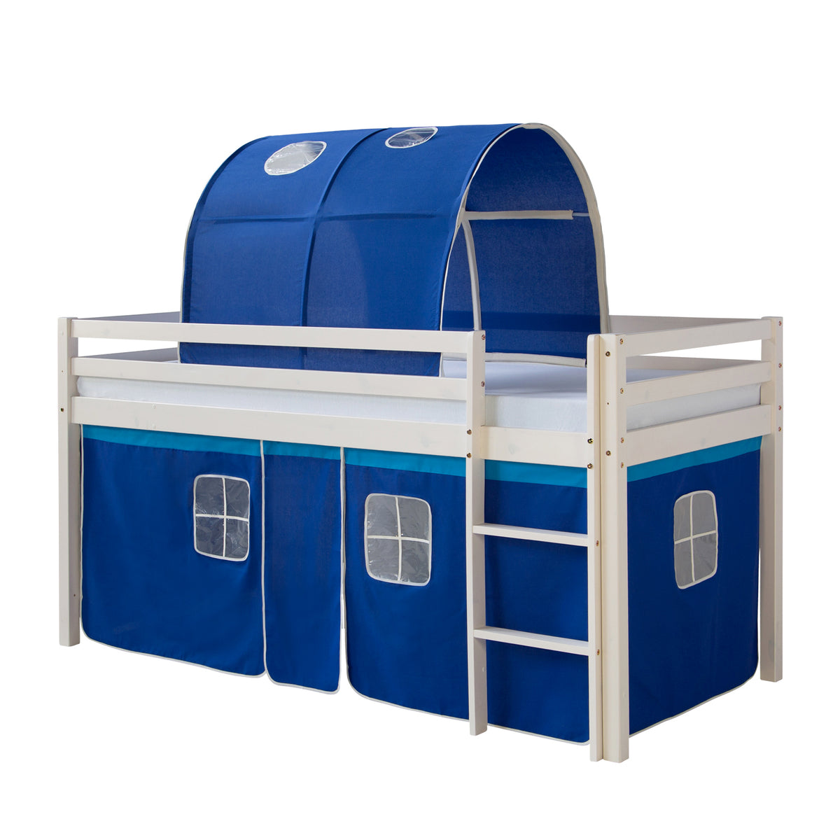 Hochbett mit Matratze 90x200 cm Kinderbett Tunnel Vorhang Blau Holz Kiefer Lattenrost