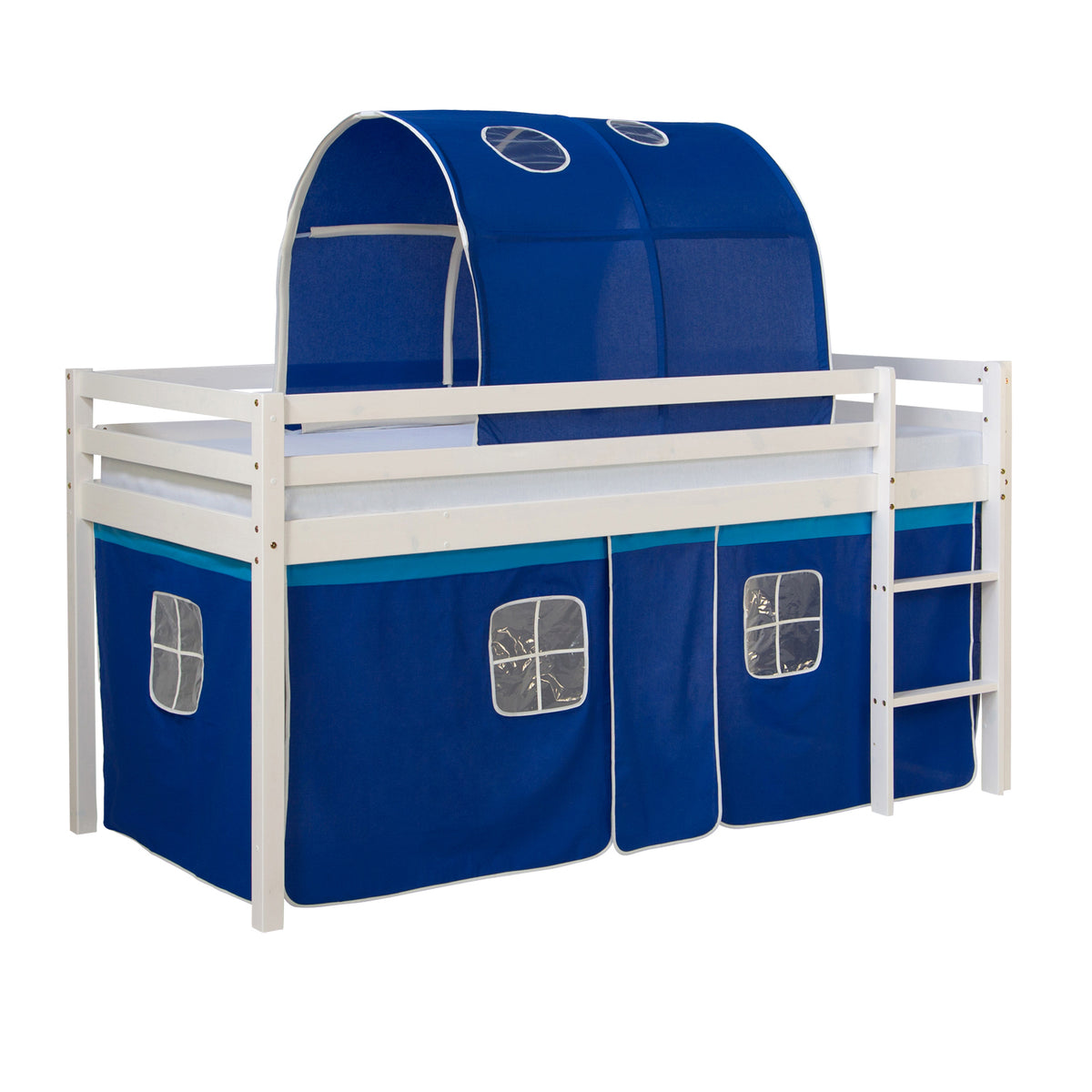 Hochbett mit Matratze 90x200 cm Kinderbett Tunnel Vorhang Blau Holz Kiefer Lattenrost